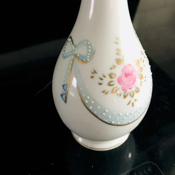 Vintage detailed wedding vase light blue bows Pink rosesraised white dots hand painted collectible display farmhouse cottage bedroom vanity