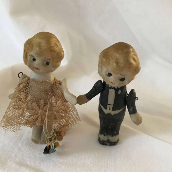 Vintage Doll Porcelain Bride & Groom Wire Connected yellow hair Miniature Mid Century Japan collectible Boy and Girl Fine Porcelain
