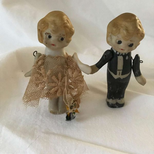 Vintage Doll Porcelain Bride & Groom Wire Connected yellow hair Miniature Mid Century Japan collectible Boy and Girl Fine Porcelain