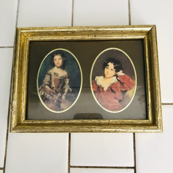 Vintage Double Victorian picture under glass framed in gold collectible display wall decor farmhouse cabin cottage display