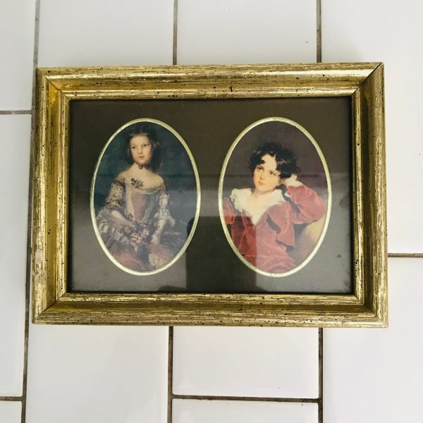 Vintage Double Victorian picture under glass framed in gold collectible display wall decor farmhouse cabin cottage display