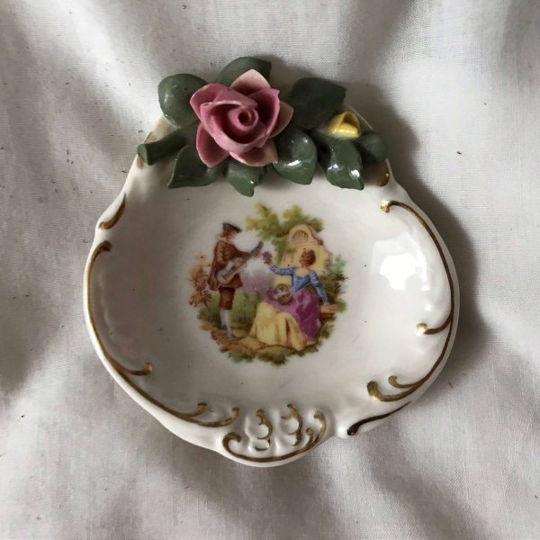 Vintage Dresden Courting couple trinket pink ring dish with raised scrolls and relief pink and yellow roses Miniature bowl figurine display