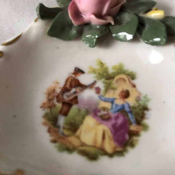 Vintage Dresden Courting couple trinket pink ring dish with raised scrolls and relief pink and yellow roses Miniature bowl figurine display