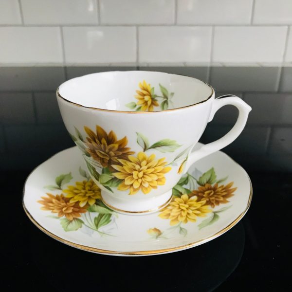 Vintage Duchess Tea cup and saucer England Fine bone china Golden & Yellow mums gold trim farmhouse collectible display dining serving