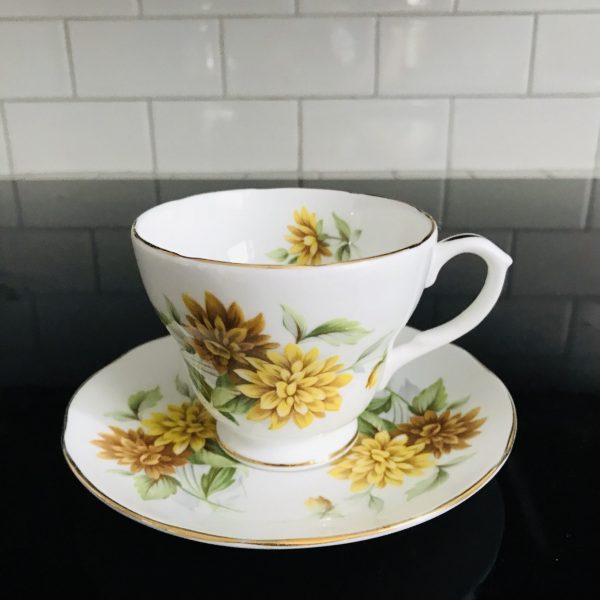 Vintage Duchess Tea cup and saucer England Fine bone china Golden & Yellow mums gold trim farmhouse collectible display dining serving