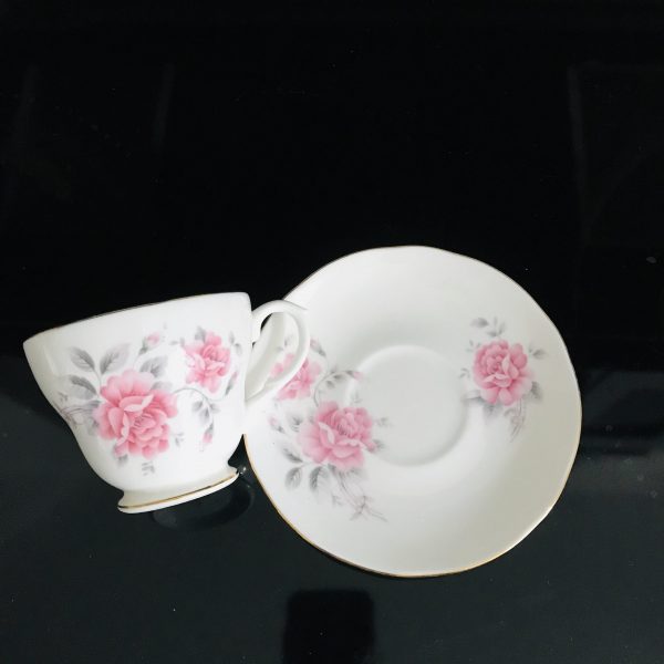 Vintage Duchess Tea cup and saucer England Fine bone china Pink Roses Gray Leaves gold trim farmhouse collectible display dining serving