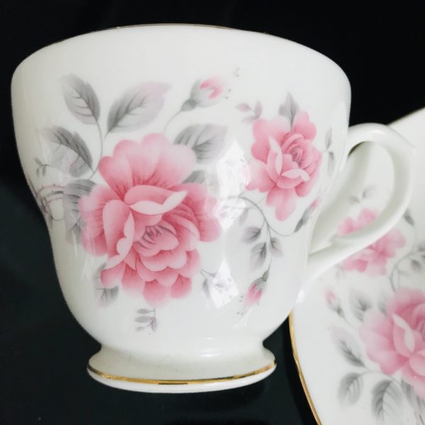 Vintage Duchess Tea cup and saucer England Fine bone china Pink Roses Gray Leaves gold trim farmhouse collectible display dining serving