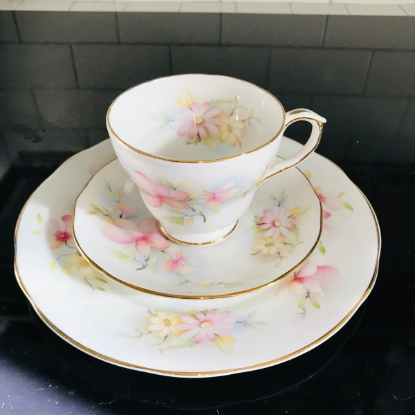 Vintage Duchess Tea cup and saucer TRIO England Fine bone china Pink Floral with snack plate gold trim farmhouse cottage