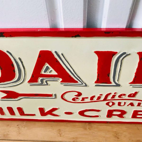 Vintage Enameled Dairy Sign Restaurant farmhouse collectible red and ivory metal milk cream Certified Quality wall decor vintage kitchen