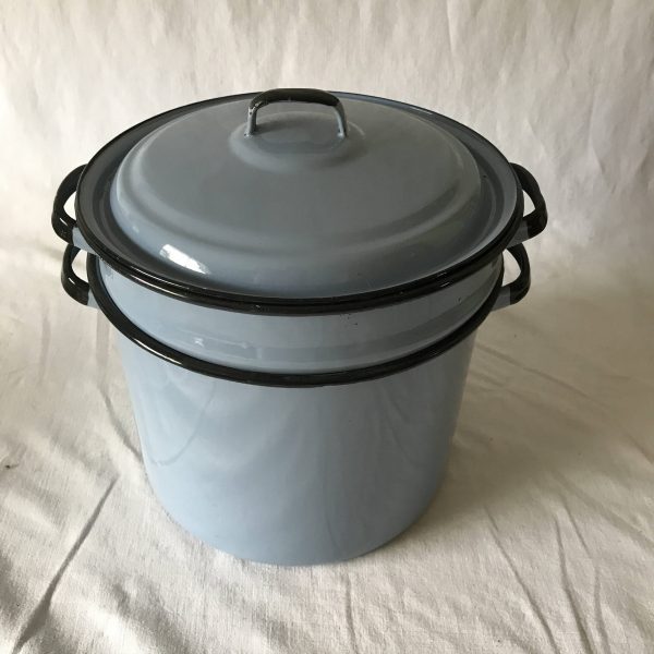 Vintage Enameled Double Boiler pan with lid and black trim Corn Boiler Kitchen 1940's Farmhouse Collectible display large pans