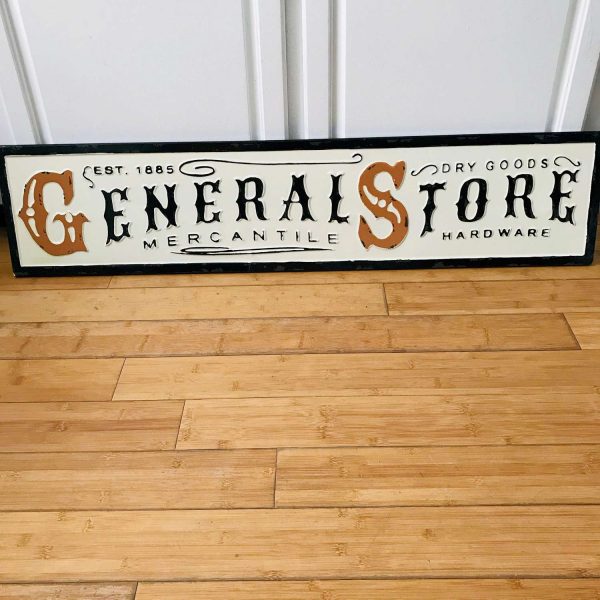 Vintage enameled General Store Sign with vintage lettering white black light rust color letters display farmhouse collectible wall decor
