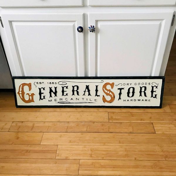 Vintage enameled General Store Sign with vintage lettering white black light rust color letters display farmhouse collectible wall decor