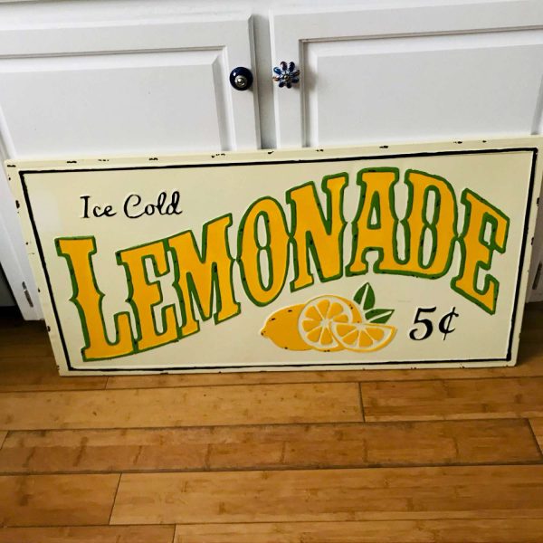 Vintage Enameled Lemonade Sign 5 Cents 18" x 36" Yellow green and black with raised lemon at bottom Ice cold farmhouse cottage kitchen retro
