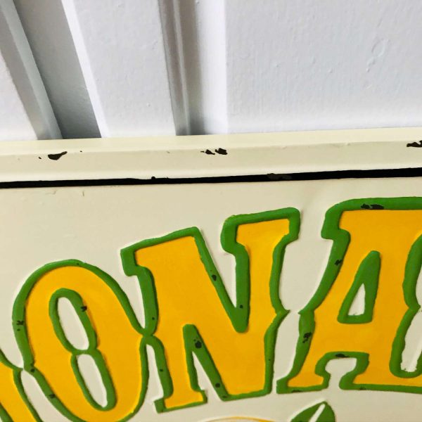 Vintage Enameled Lemonade Sign 5 Cents 18" x 36" Yellow green and black with raised lemon at bottom Ice cold farmhouse cottage kitchen retro