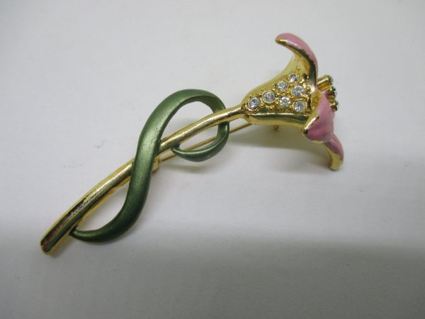 Vintage Enameled Pink Lily with green leaf gold tone metal flower brooch with brilliant rhinestones sparkle glitter glitz glam