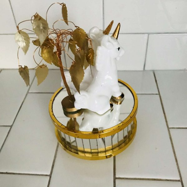 Vintage Enesco Japan Mirrored Double Unicorn musical figurine plays Memories dated 1984