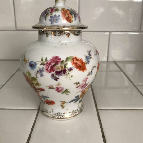 Vintage English Ginger Jar lidded urn England Dresden Flower pattern orange purple pink blue lavender heavy gold trim