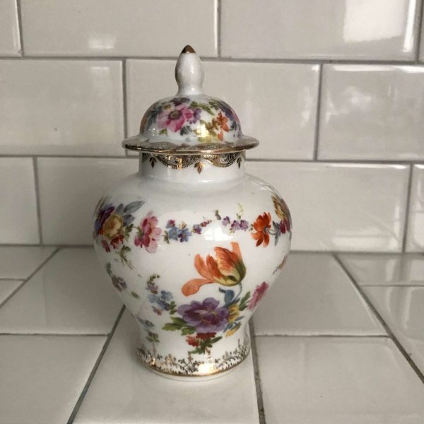 Vintage English Ginger Jar lidded urn England Dresden Flower pattern orange purple pink blue lavender heavy gold trim
