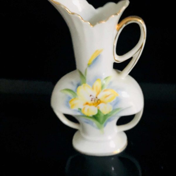Vintage Ewer Pitcher hand painted yellow floral gold trimmed collectible display farmhouse cottage vanity bedroom