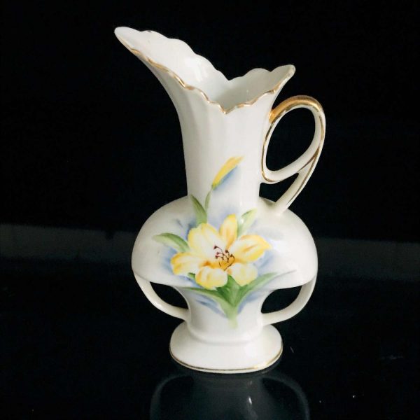 Vintage Ewer Pitcher hand painted yellow floral gold trimmed collectible display farmhouse cottage vanity bedroom