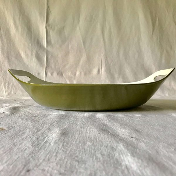 Vintage Extra Large Enameled Olive Green oven Stove top Pot pan collectible display kitchen Mid Century Modern Spaghetti pan