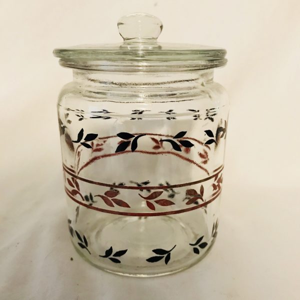 Vintage Farmhouse Kitchen Storage Jar Glass with red and black trim collectible retro mid century display kitchen
