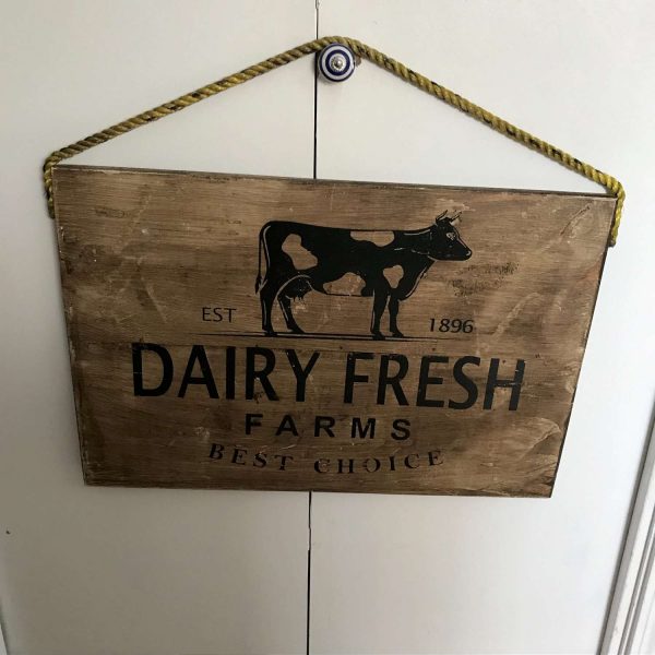 Vintage farmhouse Sign Dairy Fresh Farms collectible wooden hanging decor display rustic primitive farm barn cow Milk