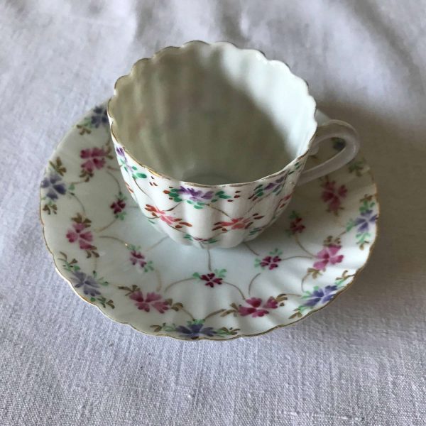 Vintage Fine bone china Demitasse tea cup and saucer ribbed pattern china tiny flowers pink purple orange Japan Collectible display