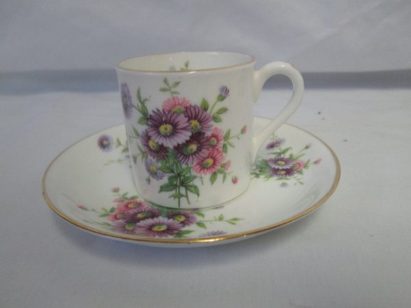 Vintage Fine bone china tea cup and saucer Demitasse Floral Pink & Purple lavender yellow green with gold trim tea set England
