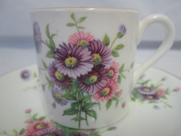 Vintage Fine bone china tea cup and saucer Demitasse Floral Pink & Purple lavender yellow green with gold trim tea set England