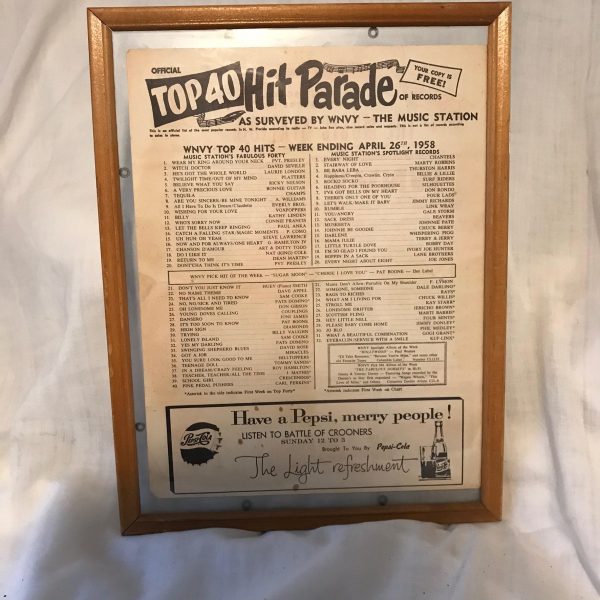 Vintage Framed Top 40 Hit Parade Pepsi Advertisement 1958 WNVY Radio Advertisement Records Pvt. Presley "Wear my ring around your neck"