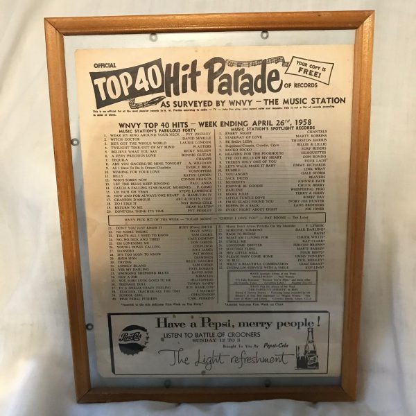 Vintage Framed Top 40 Hit Parade Pepsi Advertisement 1958 WNVY Radio Advertisement Records Pvt. Presley "Wear my ring around your neck"