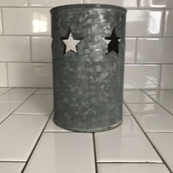 Vintage Galvanized metal Candle holder can with cut out stars Round 7 1/4" tall farmhouse patio deck decor kitchen bathroom