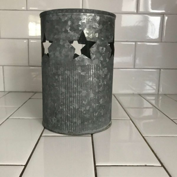 Vintage Galvanized metal Candle holder can with cut out stars Round 7 1/4" tall farmhouse patio deck decor kitchen bathroom