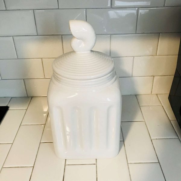 Vintage Giant Storage Jar Collectible display Ceramic with shell handle ribbed jar sides canister bathroom kitchen cottage nautical decor