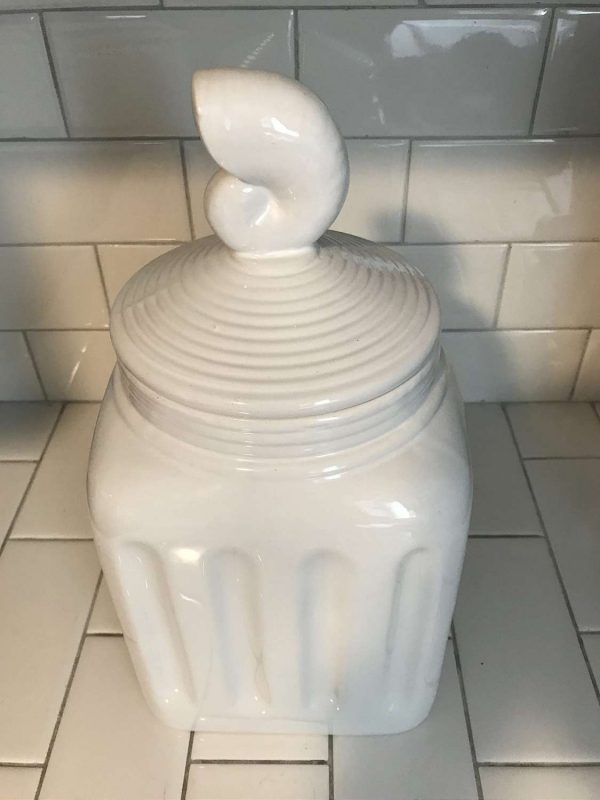 Vintage Giant Storage Jar Collectible display Ceramic with shell handle ribbed jar sides canister bathroom kitchen cottage nautical decor