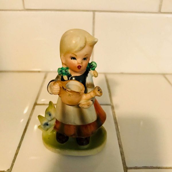 Vintage Girl with watering can miniature figurine Napcoware Japan porcelain hummel style farmhouse collectible bed and breakfast figurine