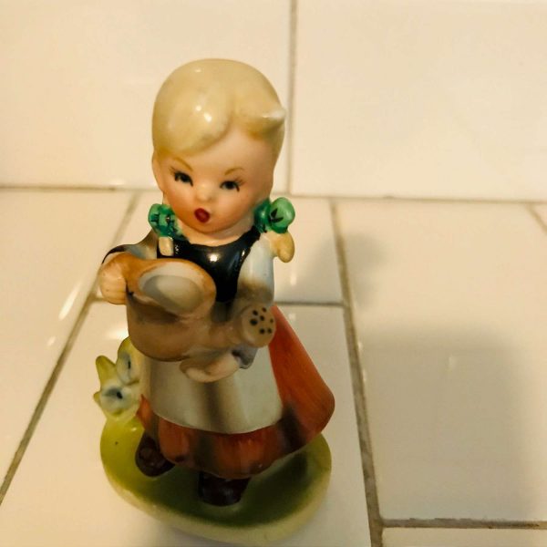 Vintage Girl with watering can miniature figurine Napcoware Japan porcelain hummel style farmhouse collectible bed and breakfast figurine