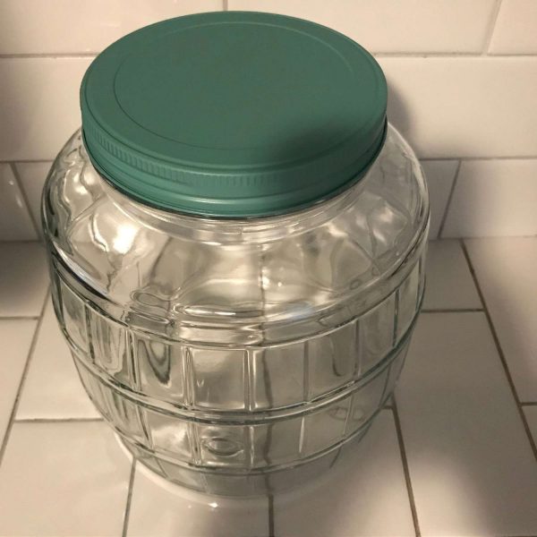 Vintage glass kitchen storage Jar green metal lid 2 gallon marbles, display, buttons, collectibles, dog cat treats and More farmhouse