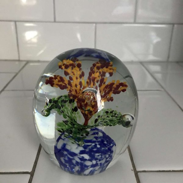 Vintage glass paperweight 3 tier speckled flower in pot blue green yellow red with orange collectible display home decor