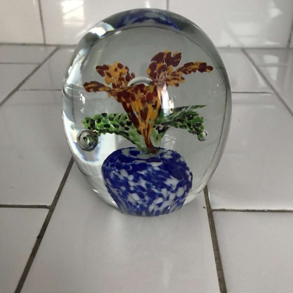 Vintage glass paperweight 3 tier speckled flower in pot blue green yellow red with orange collectible display home decor