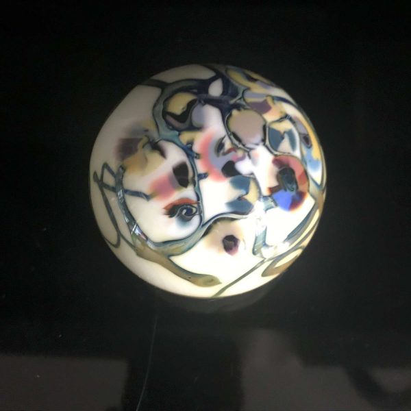 Vintage glass paperweight art glass with gold & silver lines, purple pink yellow blue floral office collectible display home decor