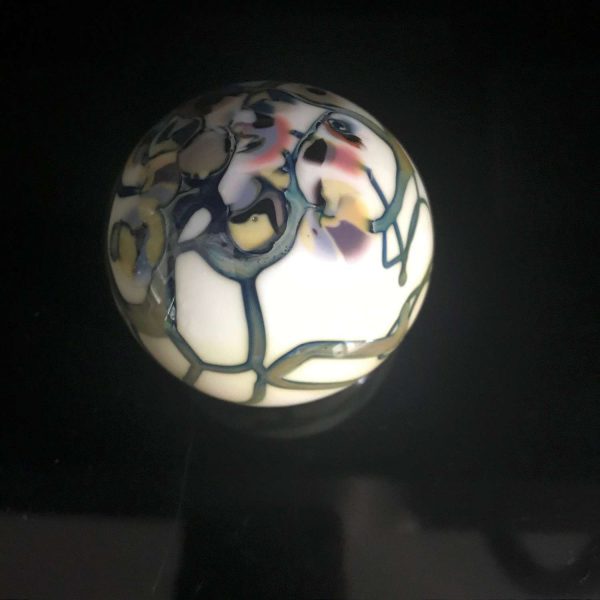 Vintage glass paperweight art glass with gold & silver lines, purple pink yellow blue floral office collectible display home decor
