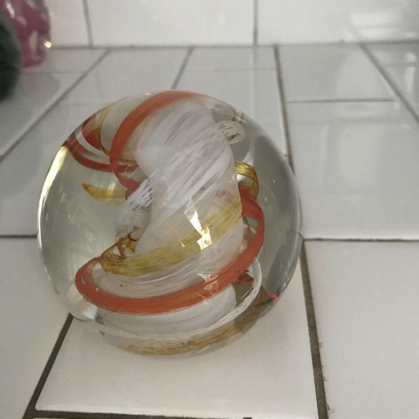 Vintage glass paperweight Caithness Ribbons Scotland collectible display home decor Orange Yellow white