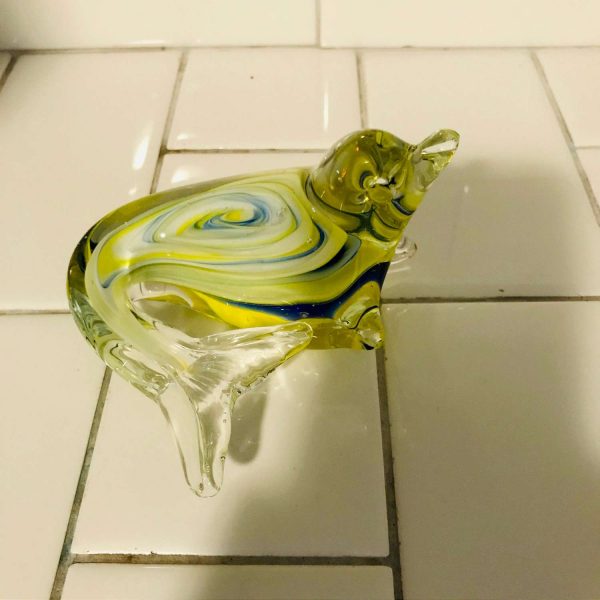 Vintage glass paperweight figural sea lion blue white yellow collectible display home decor