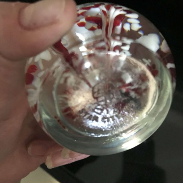 Vintage glass paperweight Gentile Glass Star City WV Pinstripe flowers red and white collectible display home decor
