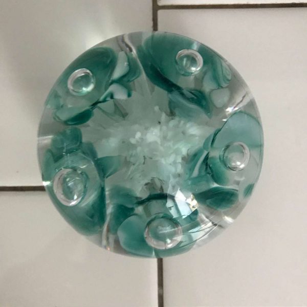 Vintage glass paperweight Gibson 1990 light teal flowers with controlled bubble centers white confetti bottom collectible display home decor