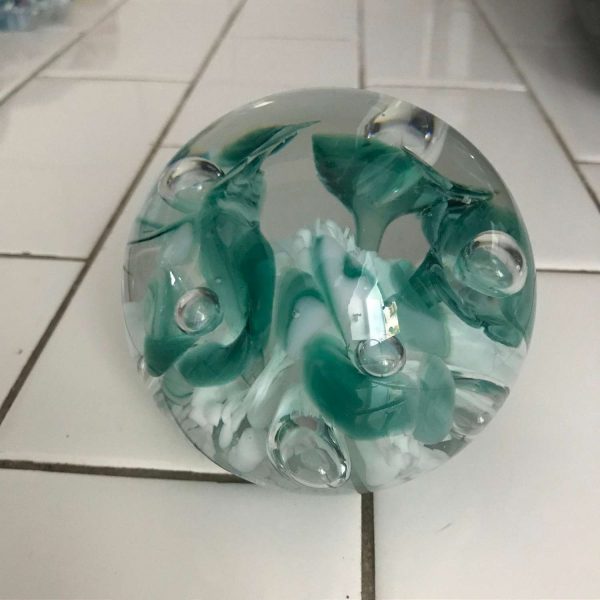 Vintage glass paperweight Gibson 1990 light teal flowers with controlled bubble centers white confetti bottom collectible display home decor