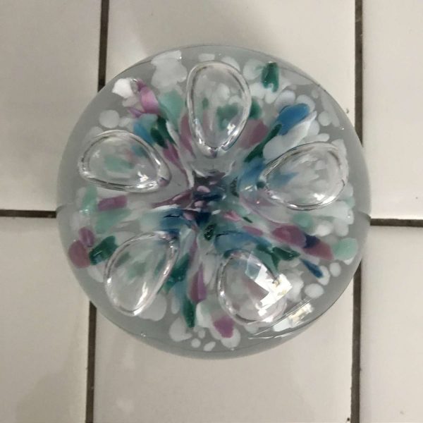 Vintage glass paperweight Gibson 1995 bubble flower with confetti blue pink green teal light blue white collectible display home decor