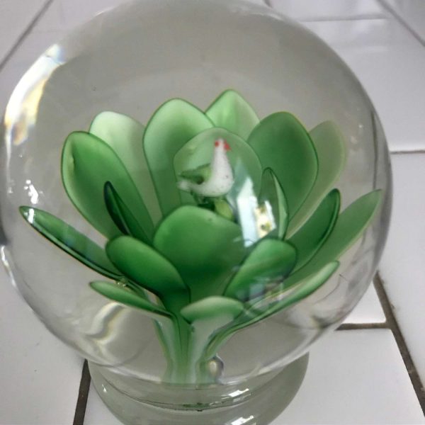 Vintage glass paperweight green flower with bird center on pedestal base collectible display home decor